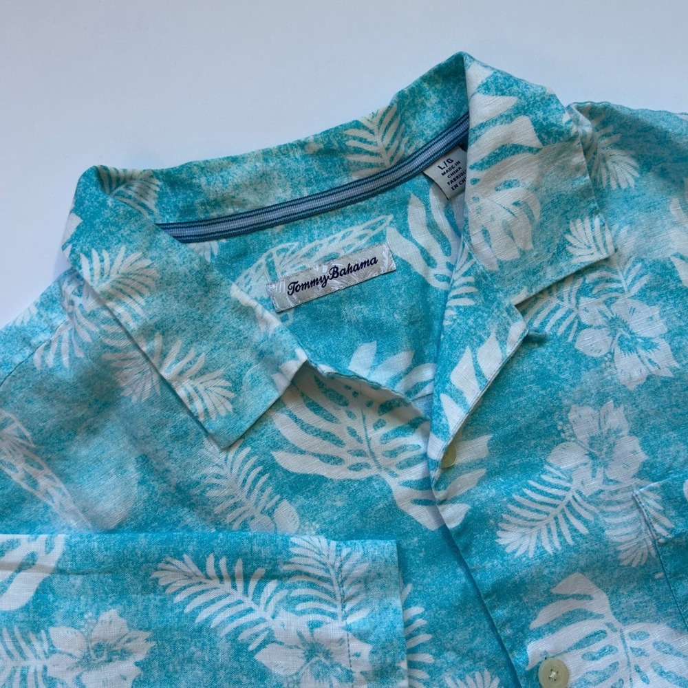 Tommy Bahama Mens Lg Linen Tropical Parrot Floral Camp Shirt Turquoise ST325009